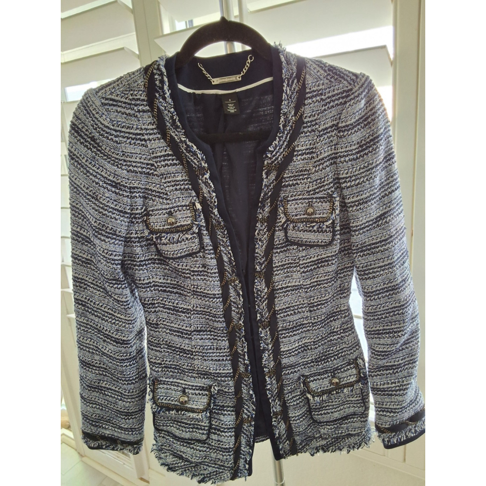 White House Black Market Navy and White Tweed Fringe Trim Jacket